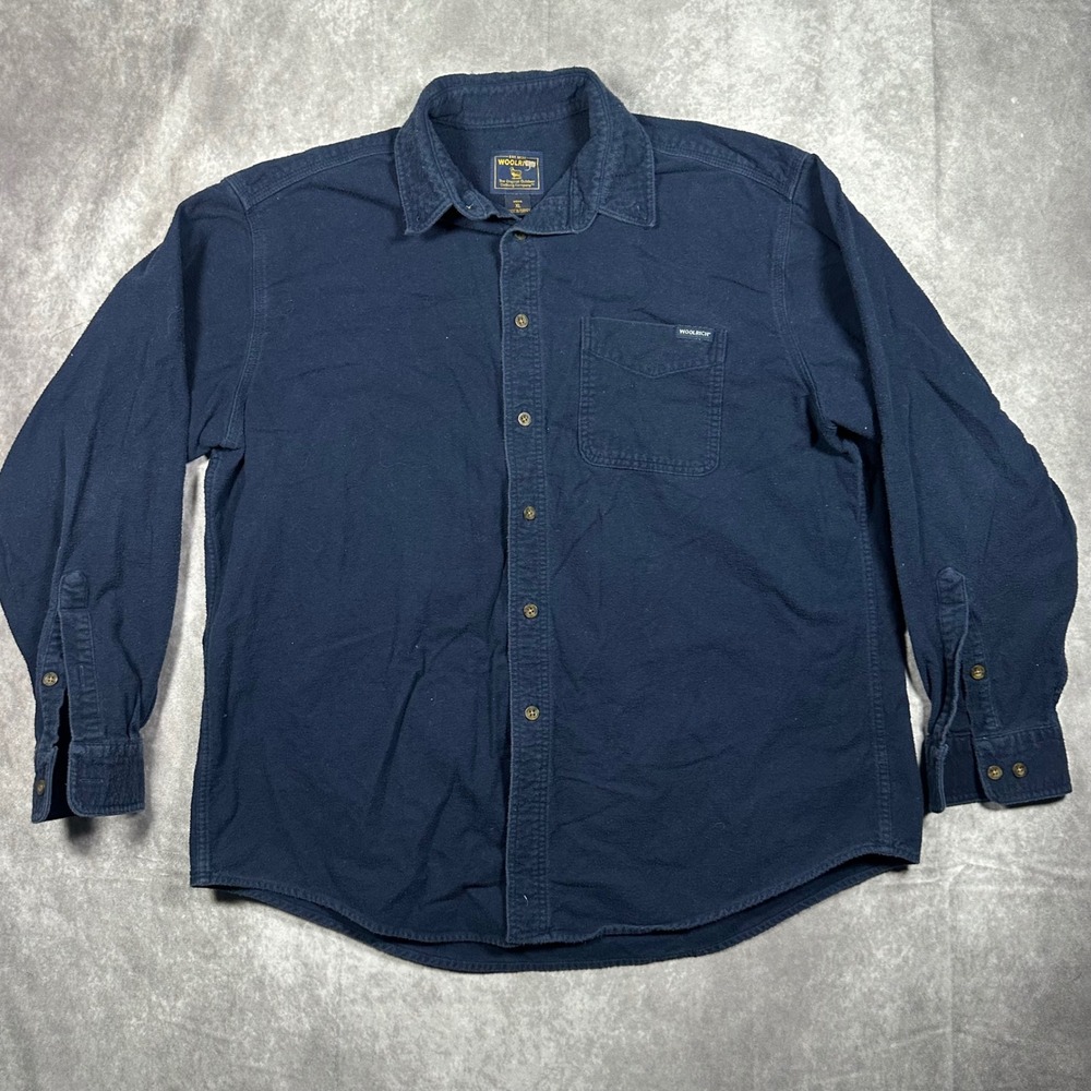 Woolrich Mens XL Navy Blue Cotton Chamois Flannel Button Down Shirt Long‎ Sleeve
